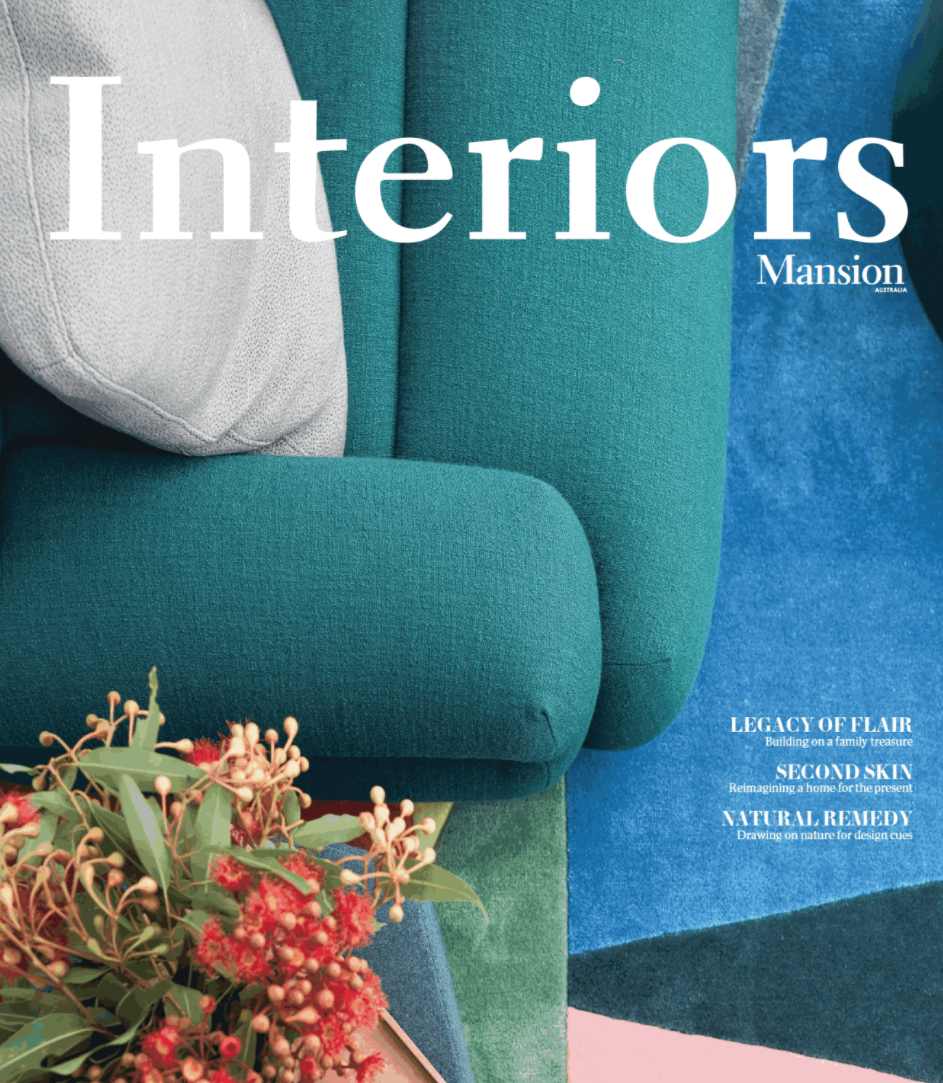 Interiors cover page, green sofa, grey cushion, Decus interiors